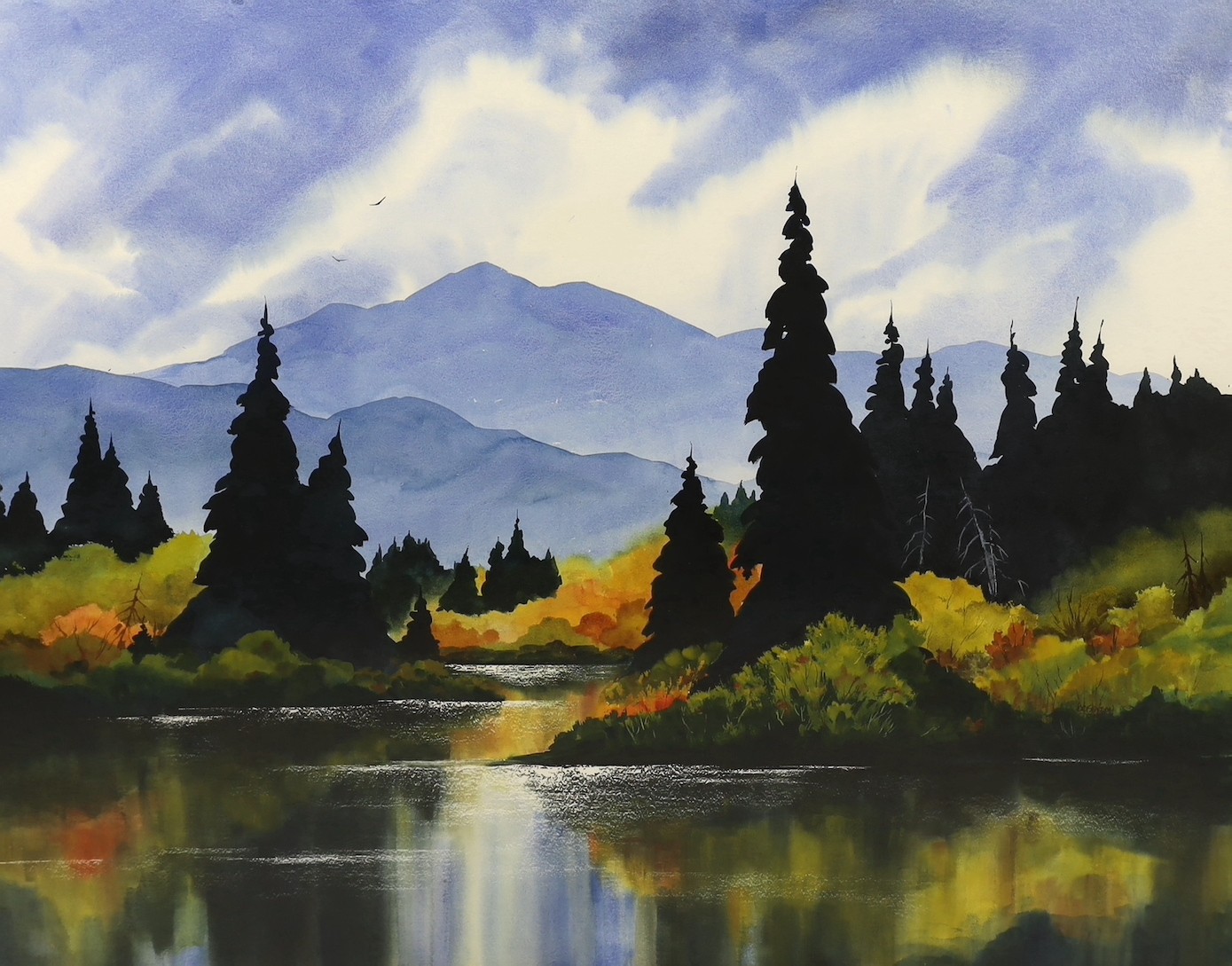 K.C. Benson (Contemporary American), Colorado river landscape with fir trees, watercolour, 94 x 122cm